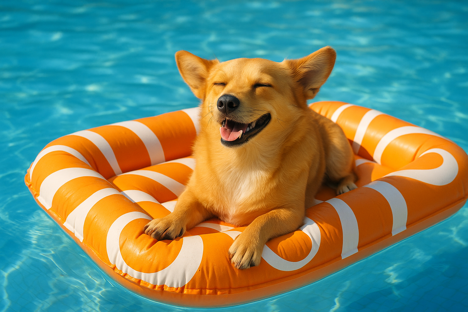 Gerar imagem de um cachorro na piscina, e na boia. Com cores laranjas e branco na boia.